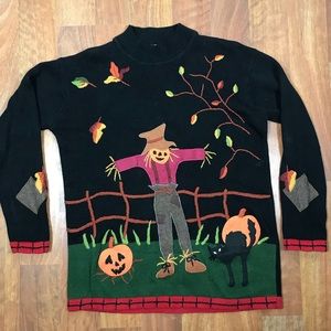 Vtg Fall Sweater Scarecrow Cat Pumpkin Halloween